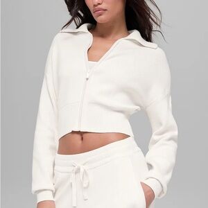 ALO Yoga scholar cream knit cropped full zip ivory white Off-White Zip-Up Jacket